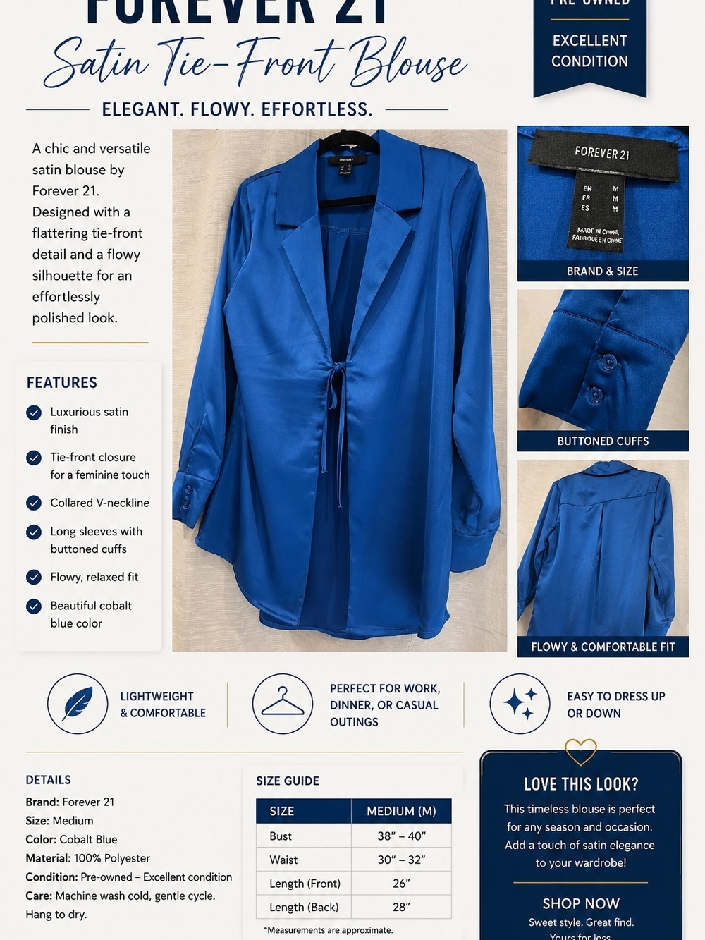Forever 21 Cobalt Blue Satin Tie-Front Blouse